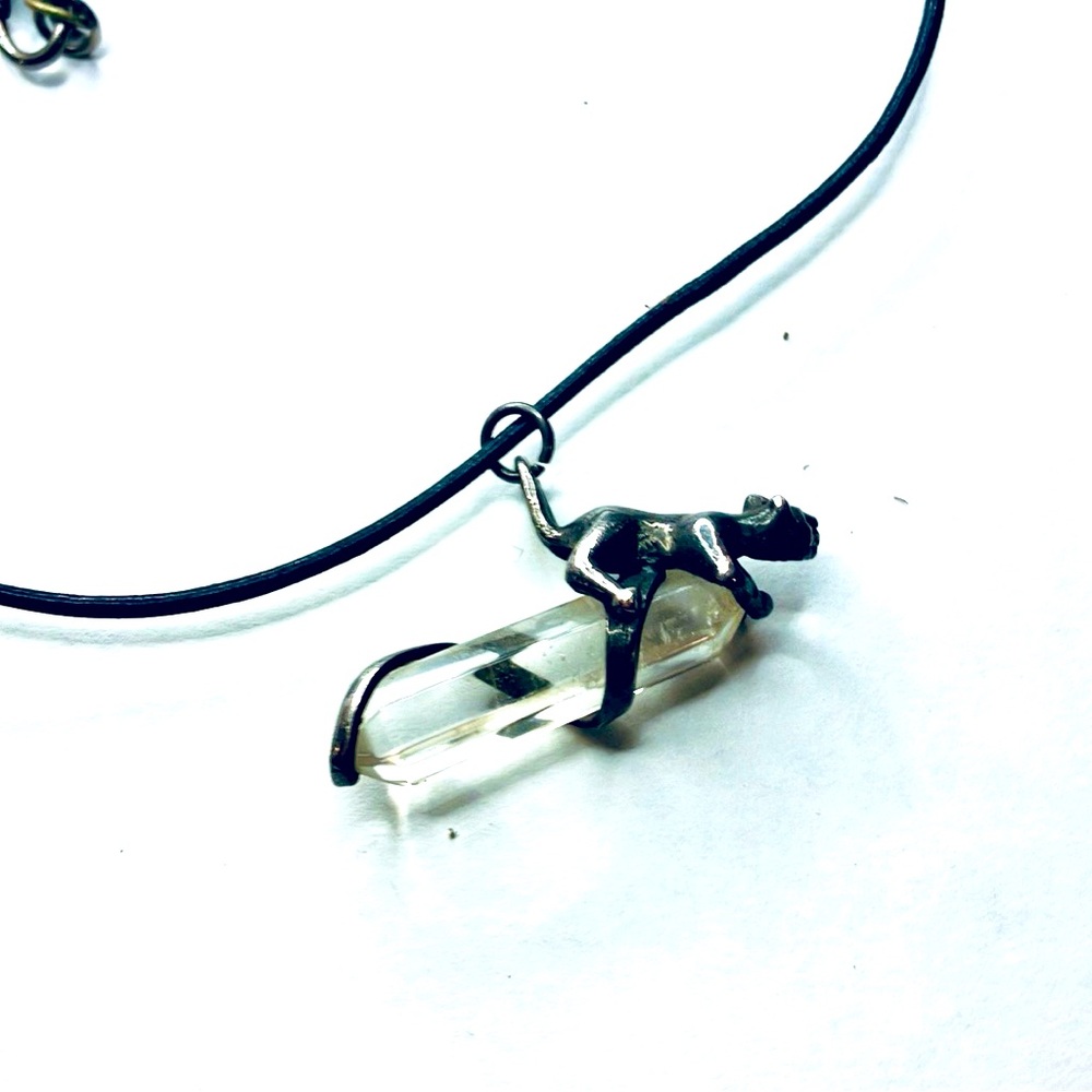 Crystal Quartz Sterling Cat Leather Necklace
